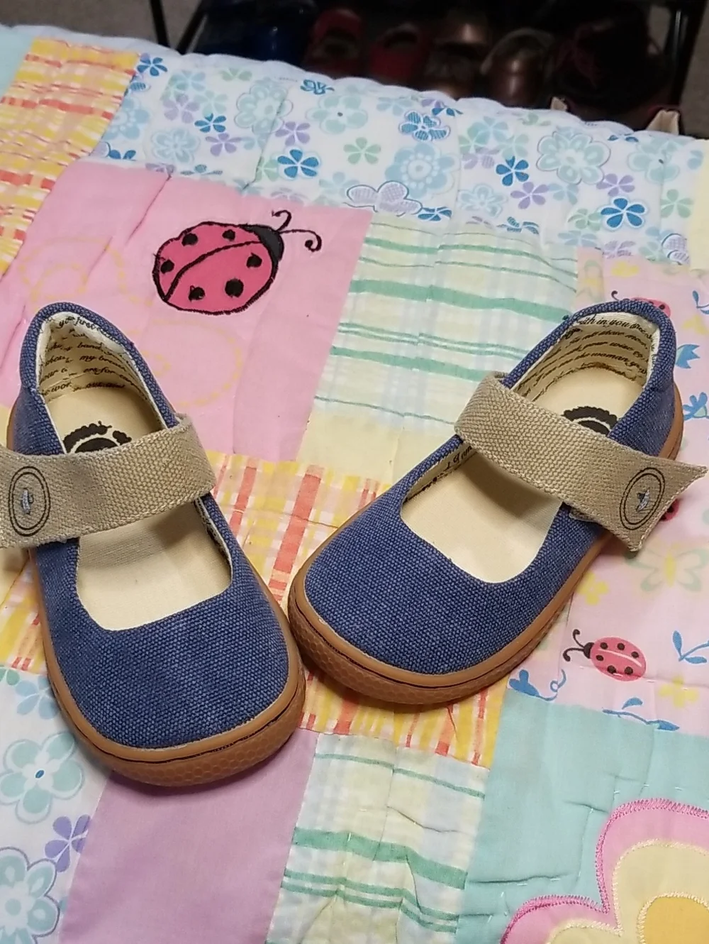 Livie & Luca Blue Canvas Mary Janes with Tan Strap Size 7 Carta II